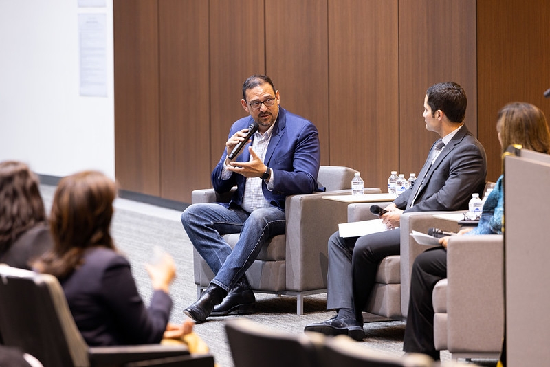 ASU alum and Arizona Secretary of State Adrian Fontes speaks at a public conversation in Armstrong Hall at ASU's Tempe campus.